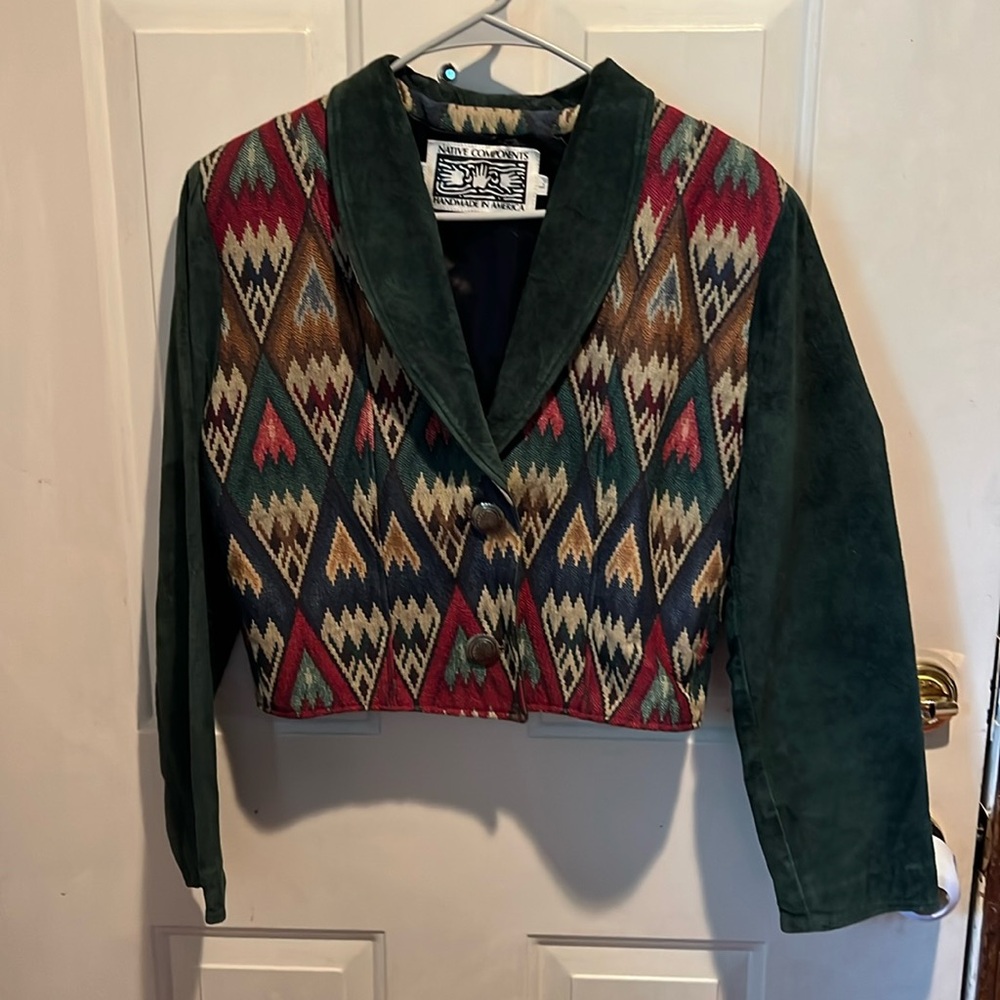 Native Components Leather Woven Bolero Jacket Southwestern Tapestry Womens L